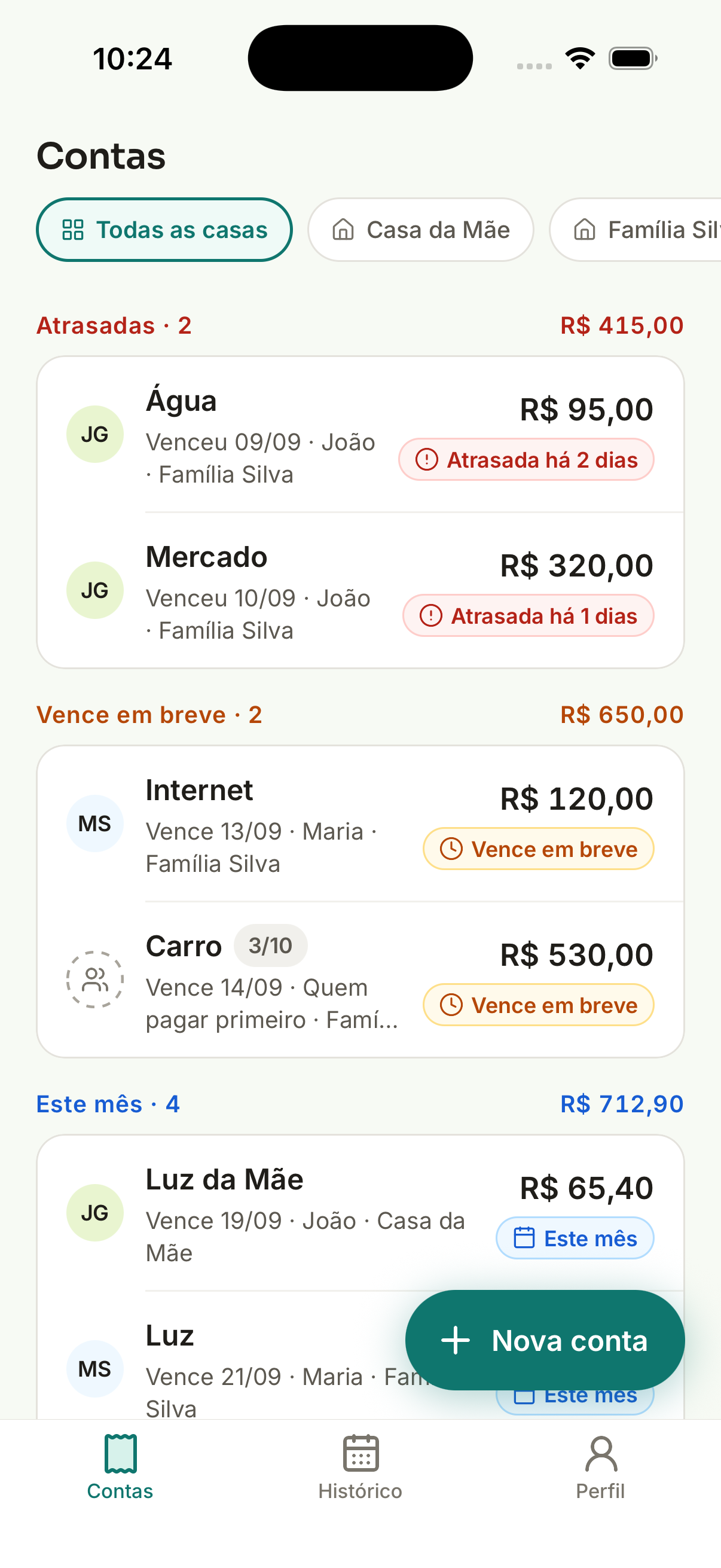 Tela do Bills42 mostrando as contas da casa agrupadas por urgência: atrasadas, vence em breve e este mês, com os totais de cada grupo.